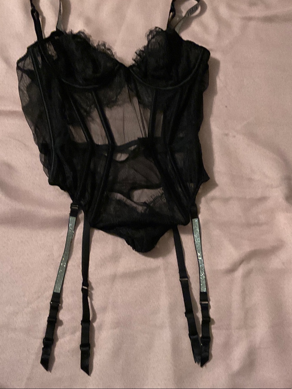 Victoria's Secret Black Sheer Lace Corset Bodysuit with Garter Straps